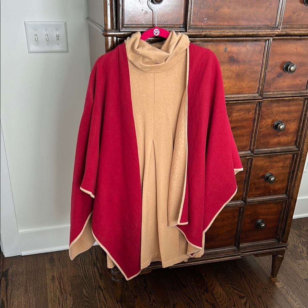 Tyler Boe Red and Tan Cape with cowl neck dress